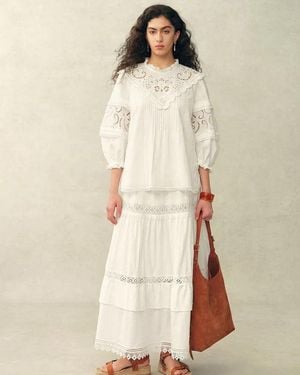 Fabrique Iris V-Seam Embroidery Puffy Sleeve Blouse And Skirt Set - Natural