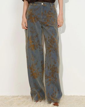Fabrique Natalie Contrast Flocked Jacquard Barrel Leg Jeans - Blue