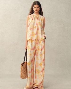 Fabrique Charlotte Handpainted Floral Neck Tie Sleeveless Blouse - Natural