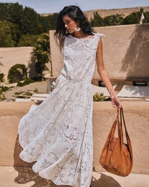 Fabrique Nellie Cutwork Embroidered Scarf Tie Layered Sleeveless Dress - Natural