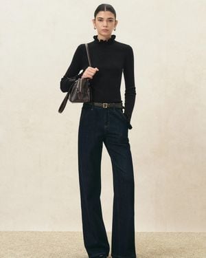 Fabrique Lieve Ruffle Trim Fitted Turtleneck Top - Blue