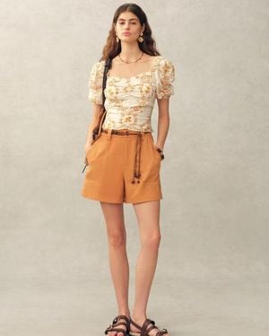 Fabrique Winnie Floral Embroidery Ruched Puff Sleeve Top - Natural