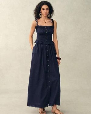 Fabrique Siena Smocked Tie Front Bandeau Top And Maxi Skirt Set - Blue