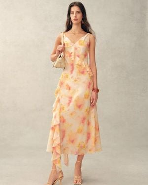 Fabrique Linda Handpainted Floral Ruffle Sleeveless Dress - Natural