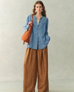 Fabrique Simone Smocked Tencel Denim Shirt - Blue
