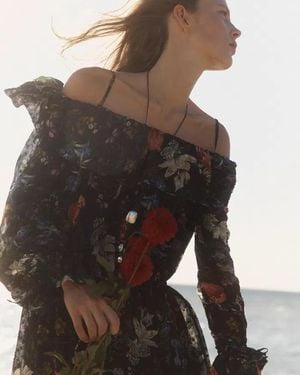 Fabrique Granata Off Shoulder Hand-Painted Print Dress - Black