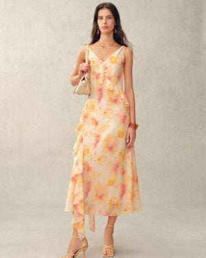 Fabrique Linda Handpainted Floral Ruffle Sleeveless Dress - Natural