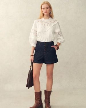 Fabrique Iris V-Seam Embroidery Puffy Sleeve Blouse - Natural