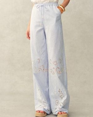 Fabrique Holly Striped Embroidered Drawstring Wide Leg Pant - Blue