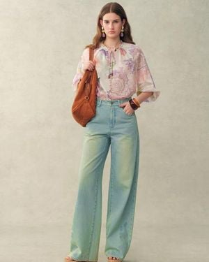 Fabrique Yori Handpainted Floral Print Sheer Beaded Puff Sleeve Blouse - Multicolor