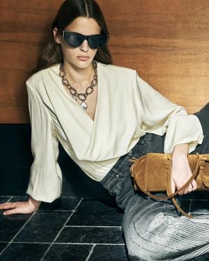 Fabrique Madrid Draped Shoulder Pad Blouse - Metallic