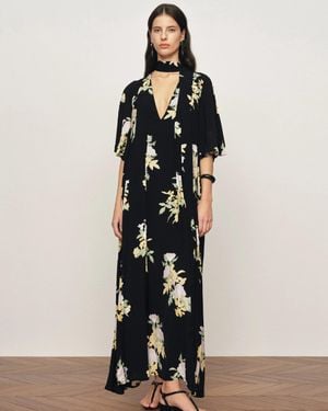 Fabrique Aria Floral Tie Neck Elbow Sleeve Dress - Black