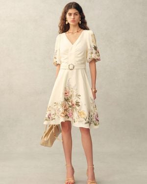 Fabrique Eve Handpainted Floral Belted Puff Sleeves Dress - Natural
