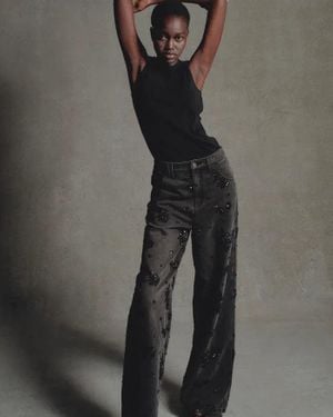 Fabrique Star Hand Beaded Rose Embellishment Straight Leg Jeans - Black