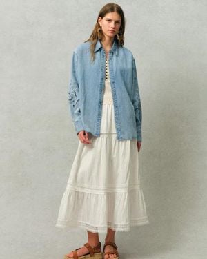 Fabrique Vinetta Curved Button Placket Floral Embroidered Shirt - Blue