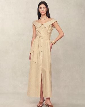 Fabrique Claudia Striped Off Shoulder Collared Belted Sleeveless Shirt Dress - Natural