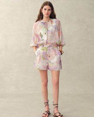 Fabrique Yori Handpainted Floral Print Sheer Beaded Puff Sleeve Blouse - Multicolour