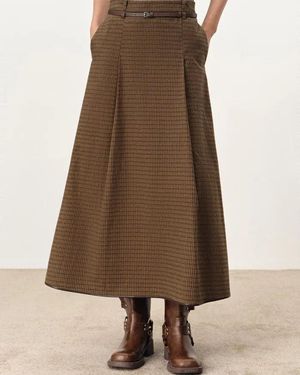 Fabrique Naomi Leather Belted Plaid Skirt - Brown