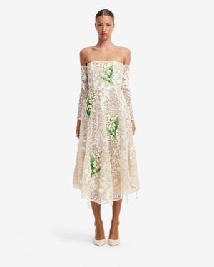 LEO LIN Ana Off-Shoulder Embellished Lace Bustier Midi Dress - Metallic