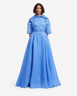 LEO LIN Junia Appliqué Puff Sleeve Silk Gown - Blue