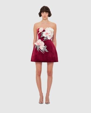 LEO LIN Rosanne Velvet Appliqué Floral Bustier Mini Dress - Red