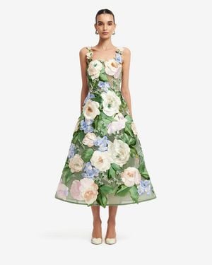 LEO LIN Beatrice Floral Hand-Embroidered Midi Dress - Green
