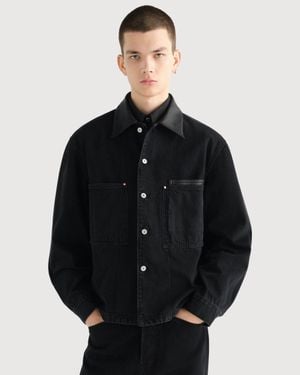 Lemaire Workwear Overshirt With Leather Collar - Black
