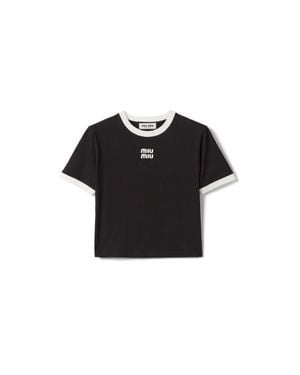 Miu Miu Cotton Jersey T-Shirt With Embroidered Logo - Black