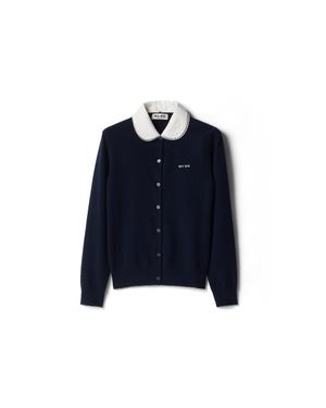 Miu Miu Cashmere Cardigan With Embroidered Poplin Collar - Blue
