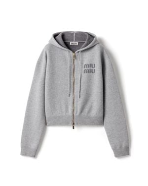 Miu Miu Double Cashmere Zipper Hooded Cardigan - Grey