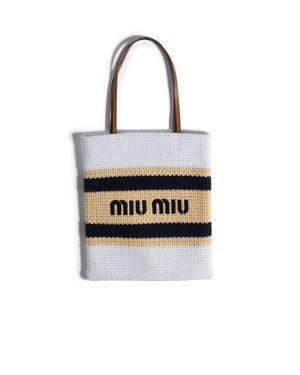 Miu Miu Raffia-Effect Woven Tote Bag - White