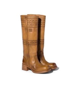Miu Miu Embroidered Leather Boots - Brown