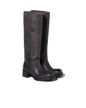 Miu Miu Embroidered Leather Boots - Black
