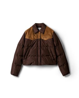 Miu Miu Technical Pongé And Leather Down Jacket - Brown