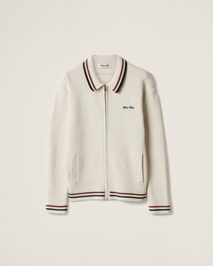 Miu Miu Cotton Knit Zipper Cardigan - Natural