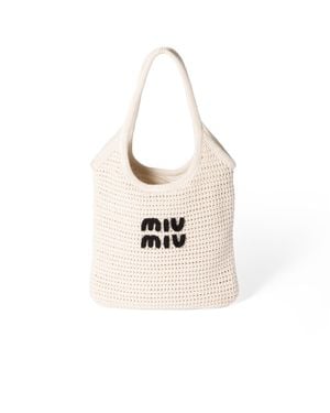 Miu Miu Ivy Raffia-Effect Woven Tote Bag - White