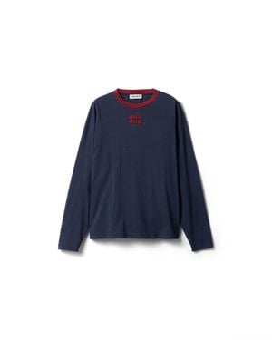 Miu Miu Long Sleeves T-Shirt With Logo - Blue