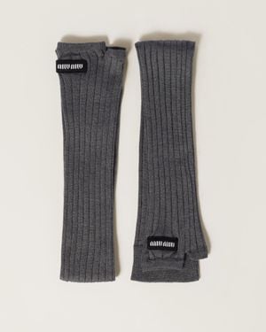 Miu Miu Ribbed Knit Silk Fingerless Gloves - Grey