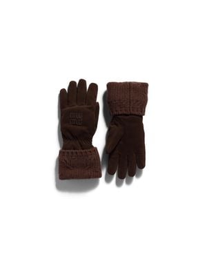 Miu Miu Suede And Knit Gloves - Brown