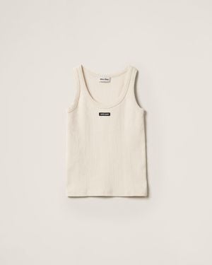 Miu Miu Garment-Dyed Ribbed Knit Jersey Top - Natural
