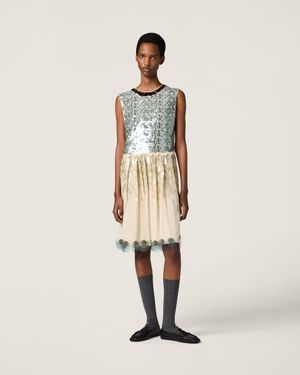 関税・送料込 MIU MIU Embroidered viscose blend mini ドレス XSサイズあり】編み上げリボン×フラワー刺繍レースタイトミニ