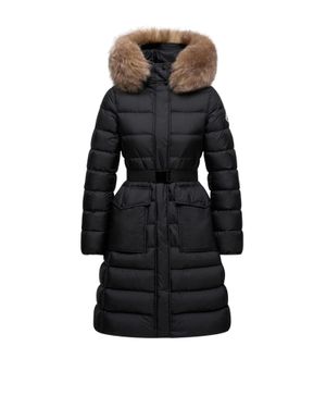 Moncler Khloesse Hooded Shearling-Trimmed Long Down Jacket - Black
