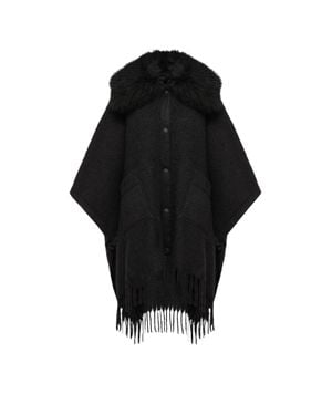 Moncler Moncler Shearling Collar Mohair, Alpaca & Wool Blend Cape - Black