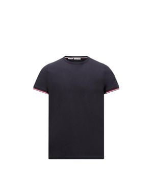 Moncler T-Shirt En Coton À Bordure Tricolore - Bleu