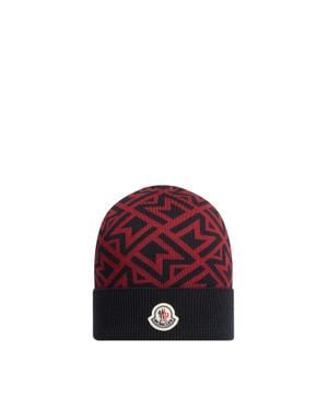 Moncler Monogramm Jacquard Mütze Aus Baumwolle, Herren, Größe - Rot