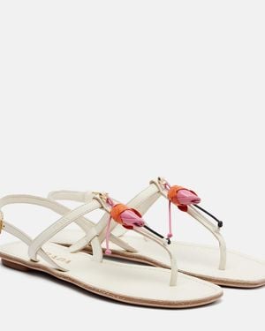 Prada Floral-Applique Leather Thong Sandals - White