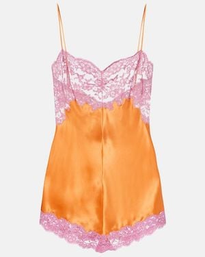 Saint Laurent Lace-Trimmed Silk Satin Bodysuit - Orange