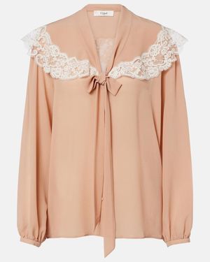 Chloé Lace-Trimmed Tie-Neck Silk Blouse - Natural