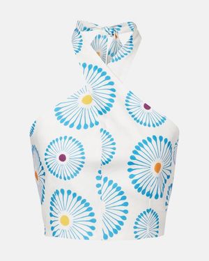 Cala De La Cruz Ivy Floral Halterneck Linen Crop Top - Blue