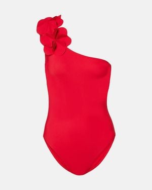 Karla Colletto Tess Floral-Applique One-Shoulder Swimsuit - Red